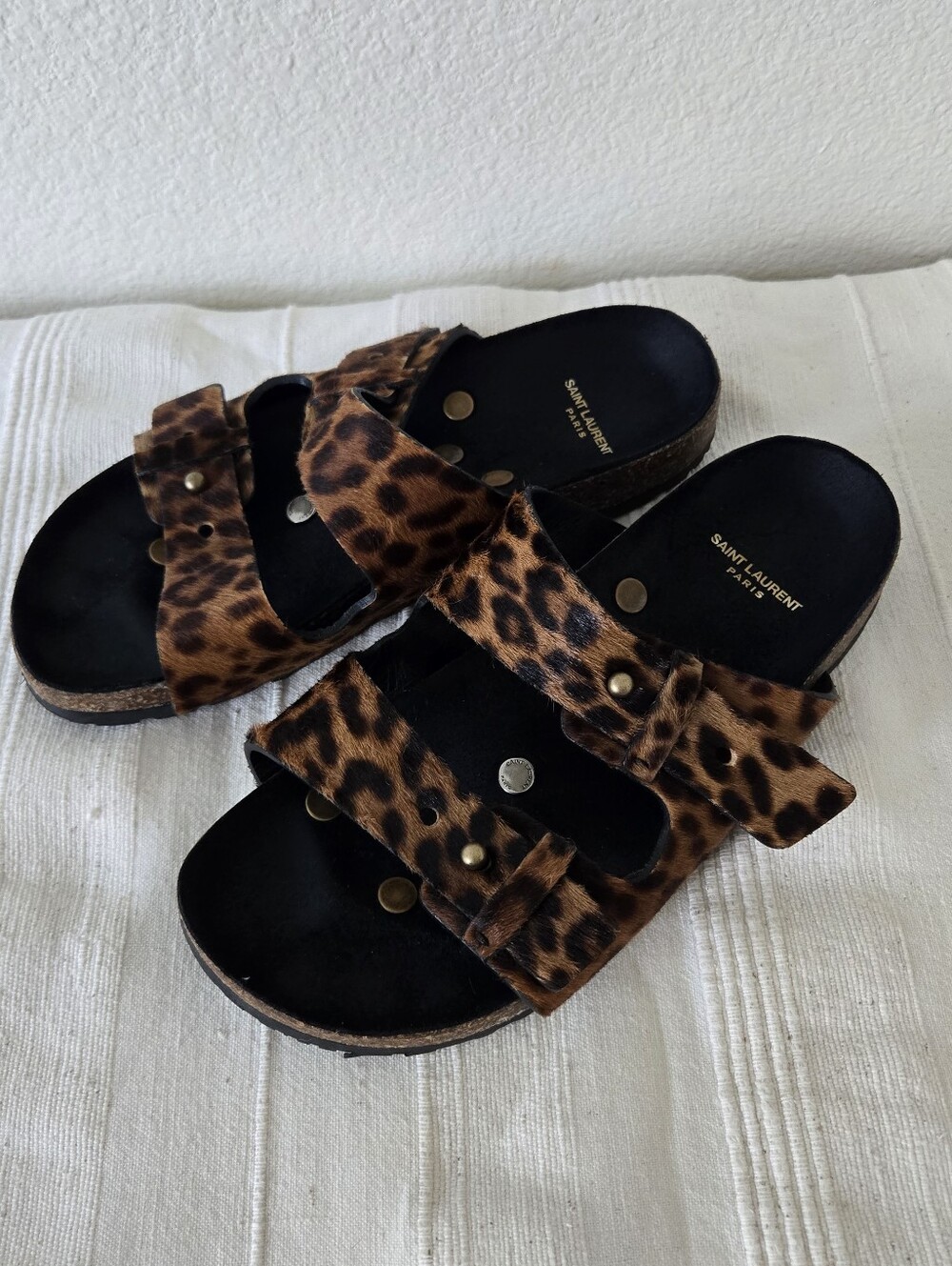 SAINT LAURENT Calf Hair Leopard Print Jimmy Slide Sandals Brown Black Size 36.5
